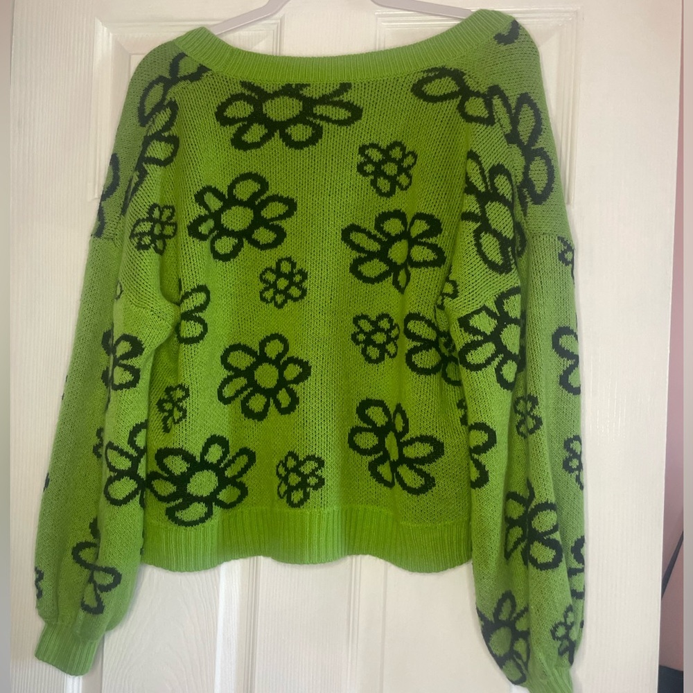 Medium Women’s Green Cardigan Cropped with Black Flowers